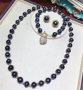 Collana Orecchini Set HABITOO 10-11mm Braccialetto di perle d'acqua dolce nere Splendidi gioielli di lusso Zircone cubico Cuore OT Chiusura Regali