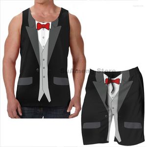 Erkeklerin izleri yaz komik baskı erkek tank üstleri kadınlar siyah smokin kırmızı bowtie ve yelek plaj şortları fitness setleri