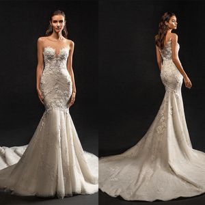 Elegant Slim Fit Mermaid Wedding Dresses With Shine Beads New Sexy Flower Bridal Gown Tulle Lace Brush Train Robe De Vestido Customized