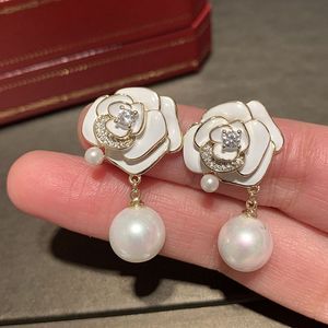 Beautiful rose flower elegant pearl drop pendant stud earrings for women new trendy fashion luxury designer sparkle zirconia diamond earring jewelry silver post