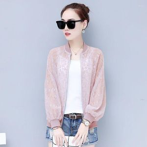 Damenjacken Korean Fashion Print Spitzenjacke Rosa Leichte Bomberoberbekleidung Frauen Lose Oversize Sommer Chaqueta Sonnenschutz Tops