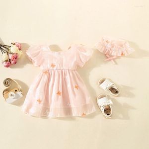 Girl Dresses Toddler Baby Princess Dress Puff Short Sleeve Square Neck Embroidery A-Line Floral Boho Party With Hat