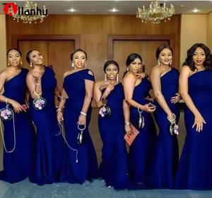 2022 Royal Blue One Shoulder Mermaid Bridesmaid Dresses Sweep Train Simple African Country Wedding Guest Gowns Maid Of Honor Dress3804089