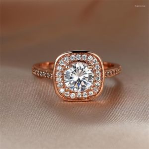 Wedding Rings Vintage Female Crystal Big Square For Women Rose Gold Color Round White Zircon Stone Bands Promise Engagement Ring