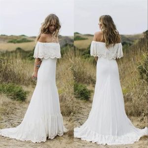 Country Style Boho Wedding Dresses Off the Shoulder White Chiffon Beach Bridal Dresses Custom Made Zipper Up Back Plus Size Bridal237s