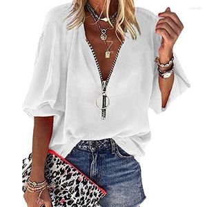 Kvinnors blusar Casual dragkedja Kvinnor Toppar Spring Solid Color Office Lady Chiffon Shirt Summer Puff Long Sleeve V-Neck White Blouse