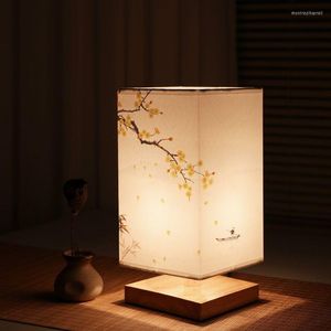 Candeeiros de mesa Retrô Simples Criativo Quadrado Luz Noturna De Madeira Quarto Japonês Quente Decoração De Cabeceira Candeeiro Amarelo Ameixa