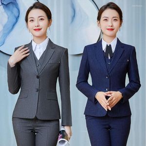 Calças femininas de duas peças manga comprida peças listradas de lã fivela Tongtong Qin terno slim fit uniforme cinza roupas de trabalho azul roupa formal