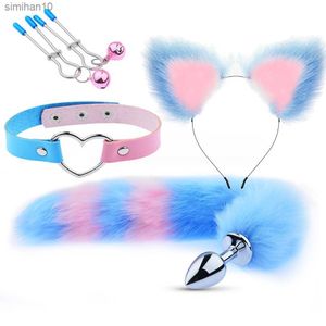 Giocattoli del sesso anale Coda di volpe Butt Plug Sexy Peluche Orecchio di gatto Fascia con collana in pelle Set Massaggio Giocattoli del sesso Donne Coppie Cosplay L230518