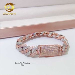 2023 Bracciale a catena a maglia cubana in oro rosa bicolore con gioielli in moissanite da 14 mm