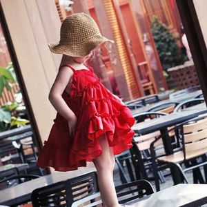 女の子のドレス2-9キッズサマーレッドノースリーブ女の子のためのかわいいタンクレイヤードドレス子供幼児の女の子の服のビーチ
