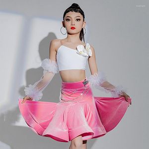 Стадия носить латиновую танцевальную одежду для девочек Performance Costume Tops Tops Розовая юбка для бальной юбки платье детское костюм BL10680