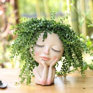 Planters Pots Face Head Planter Succulent Plant Flower Pot Resin Container With Drain Holes Flowerpot Figure Garden Decor Tabletop Ornament 230606