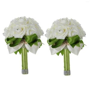 Flores decorativas 2X lindo buquê de casamento para dama de honra flor artificial rosa branca buquês-fita verde