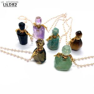 Fragrance Fashion Natural Stone Amethyst Tiger Eye Stone Perfume Bottle Pendant Necklace Essential Oil Diffuser Small Bottle Charm Jewelry L230523