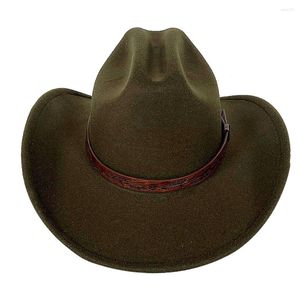 Berretti Cappello da cowboy da donna occidentale da uomo Verde militare Jazz Tesa larga Feltro Fedora Sombrero Hombre