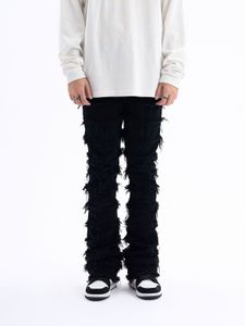 Męskie dżinsy w stylu amerykański czarna erozja uszkodzona szorstkie dżinsy na wysokiej ulicy męskie Ins Hiphop Fashion Vintage Chude Pants Streetwear 230606