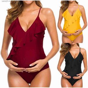 Moderskap Swimwears gravida baddräkt Kvinna Sexig moderskap Solid rygglös bikinis Falbala ruffle Beachwear New Summer Women One-Piece Swimming Suit T230607