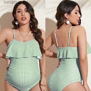 Moderskap Swimwears Yuqikl Summer Women Maternity Swimewear Baddräkter Fashionabelt sexig ljusgrön Plaid One Piece Swimsuit Maternity Bathing Suit T230607