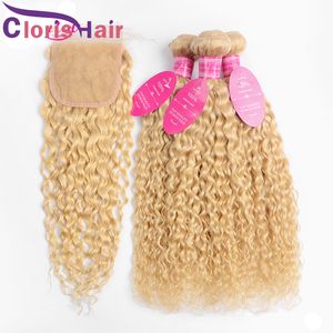 Blonde Water Wave Human Hair Weaves 3 Bundles With Lace Closure #613 Platinum Blond Brazilian Virgin Wet And Wavy Natural Hair Extensions And Top Closures 4x4