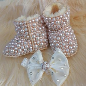 First Walkers Handmade Bow Hairband Rhinestones Baby Girl Snow Boots Winter Shoes Comb First Walker Sparkle Bling Crystal Princess Shower Gift 230606