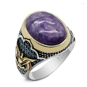 Cluster Rings S925 Silver Sterling Silver Anel Masculino incrustado com Natural Purple Dragon Stone European Fashion Retro Jewelry 7-13 Size