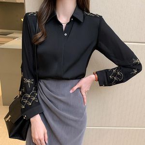 여자 T 셔츠 레이디 여름 여자 의류 직업 시폰 블라우스 자수 긴 소매 턴 다운 칼라 레이스 장식 Blusas Tops