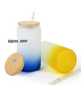 16oz Sublimation Gradient Color Glass Beer Mugs Gradient Ombre Frosted Cola Can Mason Jar with Bamboo lid and straw Cups Fast