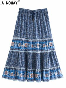 Kjolar vintage chic hippie kvinnor blommor tryckt hög elastisk midja strand bohemiska kjol damer rayon bomull aline boho midi 230607