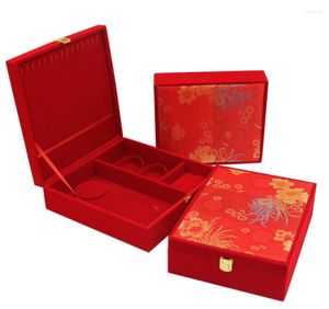 Bolsas de joias Tradicional grande vermelho Organizador de casamento Noiva Tiara/Pulseira/Anel/Brincos Trinket Estojo de armazenamento Caixas de madeira Titular