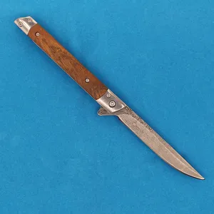 Hochwertiges A2367 Flipper-Klappmesser, 3Cr13Mov-Lasermuster, Drop-Point-Klinge, Holz-/Stahlblechgriff, Kugellager, schnell zu öffnendes EDC-Taschenmesser mit Lederscheide