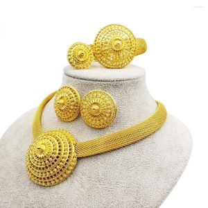 Necklace Earrings Set Dubai 24K Gold Plated Jewelry Women's Earring Ring Bracelet Italian Bridal Wedding Brazil Birthday Gift