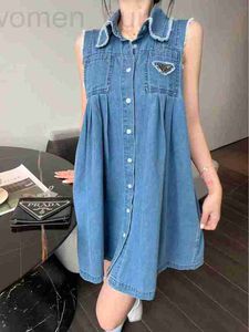 Basic & Casual Dresses designer 2023 Spring/Summer New Triangle Single breasted Loose Fit Slim Reducing Age Polo Collar Sleeveless Girls' Denim Dress