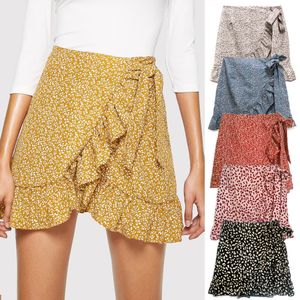 Saias Femininas Bandagem Gravata Cintura Flor Assimetria Babado Mini Mulher Férias de Verão Maxi Saia Curta para Roupas de Meninas 230607