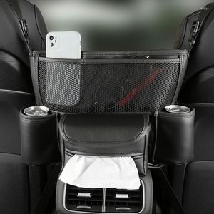 Car Organizer Storage Bag Leather Backseat Gaps Hanging Middle Seat Net Pocket Multi-functional Auto Interior