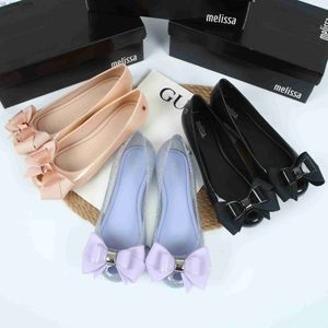 2023 Spring Melissa Ladies Jelly Shoes Office Women's Flat's Shoot Sweet Toe Tee Square Button Bow Single Shoes Female S L230518
