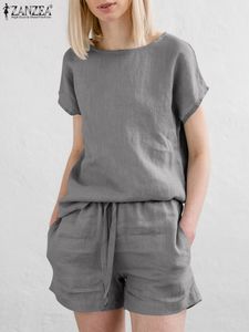 Dwuczęściowe spodnie damskie Zanzea moda 2pcs kobiety Summer krótkie zestawy solidne zestawy dopasowywania swobodne garnitury bluzki z krótkim rękawem dom