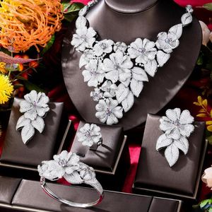 Halskette Ohrringe Set GODKI Wunderschöner luxuriöser Armreif mit großer Blüte und Ring-Schmuck für Frauen, Braut, Hochzeit, Party, Show