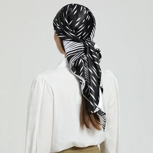 Sarongs 9090CM Square Black White Silk Head Scarf Women SpringSummer Scarves Fashion Print Hair Band Ties Hand Kerchief Bandana 230605