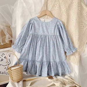 Mädchenkleider Kleinkind Mädchen Blumenkleid Langarm Lose Lässig für Mädchen Blau O-Ausschnitt Chilren Kleidung Säuglingsbaby Sommer Outfits