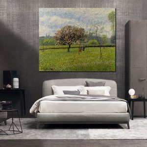 Handmade Canvas Art Flowering Apple Trees at Eragny Camille Pissarro Painting Impressionist Landscape Artwork Bathroom Decor