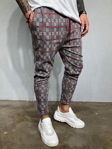 Calças vintage xadrez impressão lápis calças masculinas verão fino chino outono dos homens meados de cintura apertada calça longa moda homem streetwear