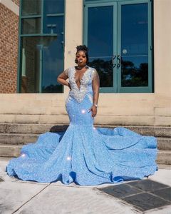 Sky Blue Sheer O Neck Long Prom Dress for Black Girls Applicants Födelsedagsfestklänningar Sökade sjöjungfrukvällsklänningar