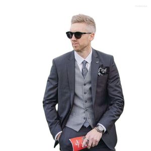 Men's Suits Dark Grey Jacket Pant Light Vest For Men 3 Pieces Sets Single Breasted Formal Full Wedding Blazer Trousers Outfit