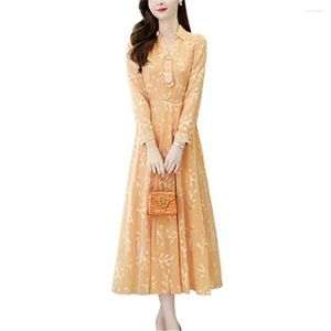 Vestidos casuais femininos vestido de chiffon primavera outono tamanho grande feminino longo ol estampa na moda com botão de cinto roupas femininas