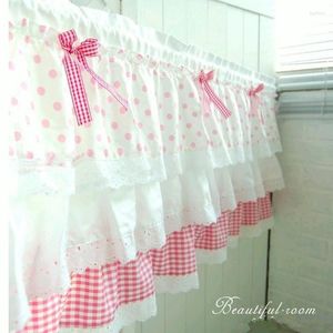 Curtain Romatic Pink Plaid &Dot Cake Style Folds Bow Decorative Cotton Short Kitchen Partition 50 150cm