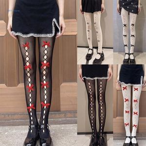 Women Socks Japanese Fishnet Tights Hollow Out Hole Velvet Bowknot Jacquard Stockings Lace Mesh Cosplay Pantyhose