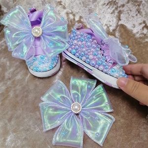 First Walkers Handmade Bow Pearl s Baby Girls Shoes Hairband First Walker Sparkle Christmas Mermaid Crystals Princess Shoes Shower 230606CJ