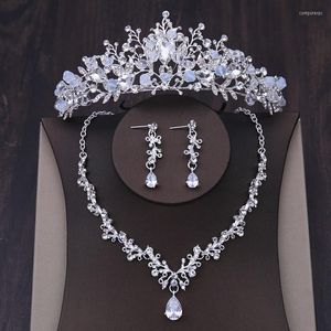 Necklace Earrings Set Luxury Crystal Heart Wedding Rhinestone Crown Tiara Choker Bridal Dubai African Beads Jewelry