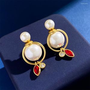 Studörhängen toppkvalitet dubbel sida pärla charm röd vit kristall hänge stora små pärlor örhängen för kvinnor mode smycken